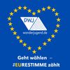 Herz aus Europa-Sternen auf blauem Hintergrund mit Wahlaufruf